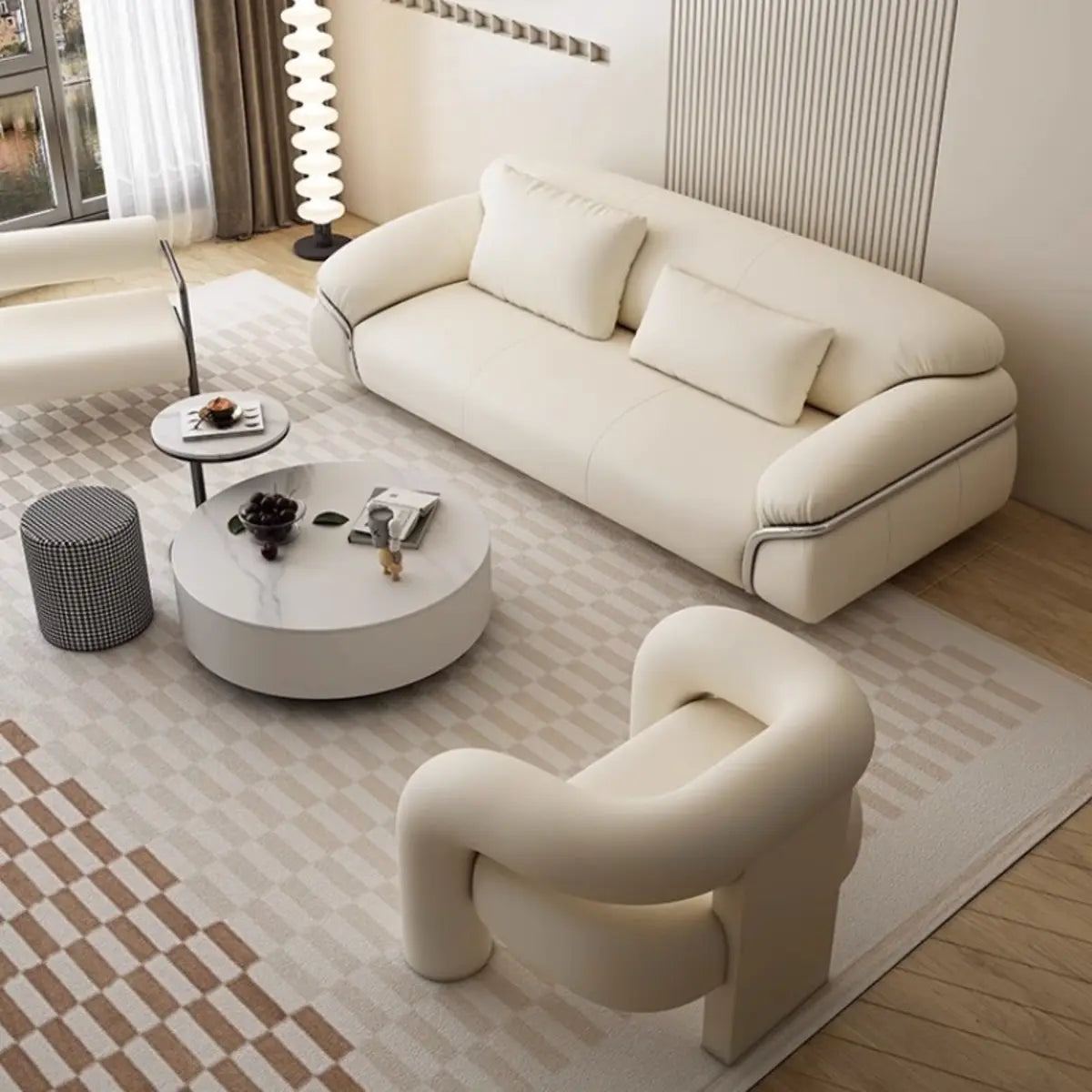 White Tech Cloth Fixed Back Four Legs Lounge Chair Image - 3