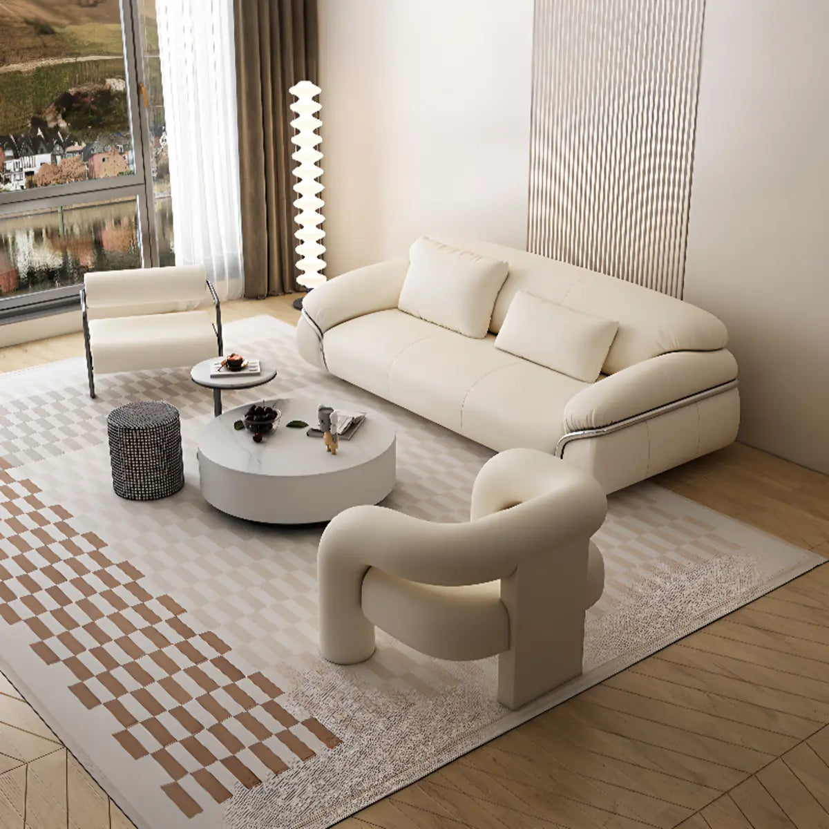White Tech Cloth Fixed Back Four Legs Lounge Chair Image - 8