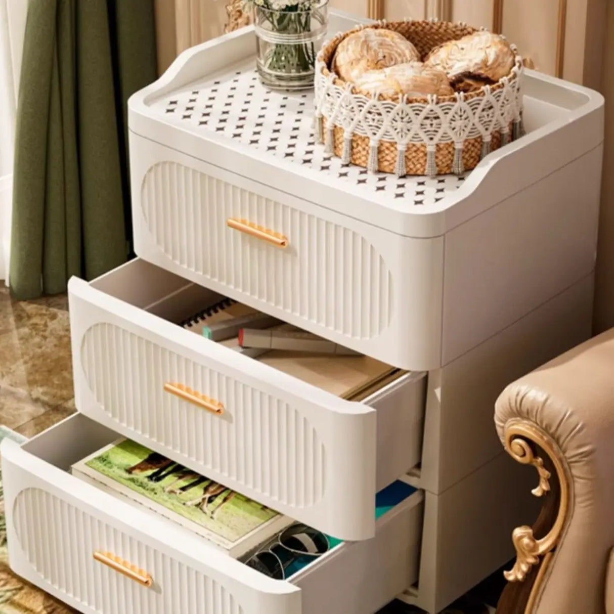 White Tip Resistant Drawers Storage Narrow Nightstand Image - 12