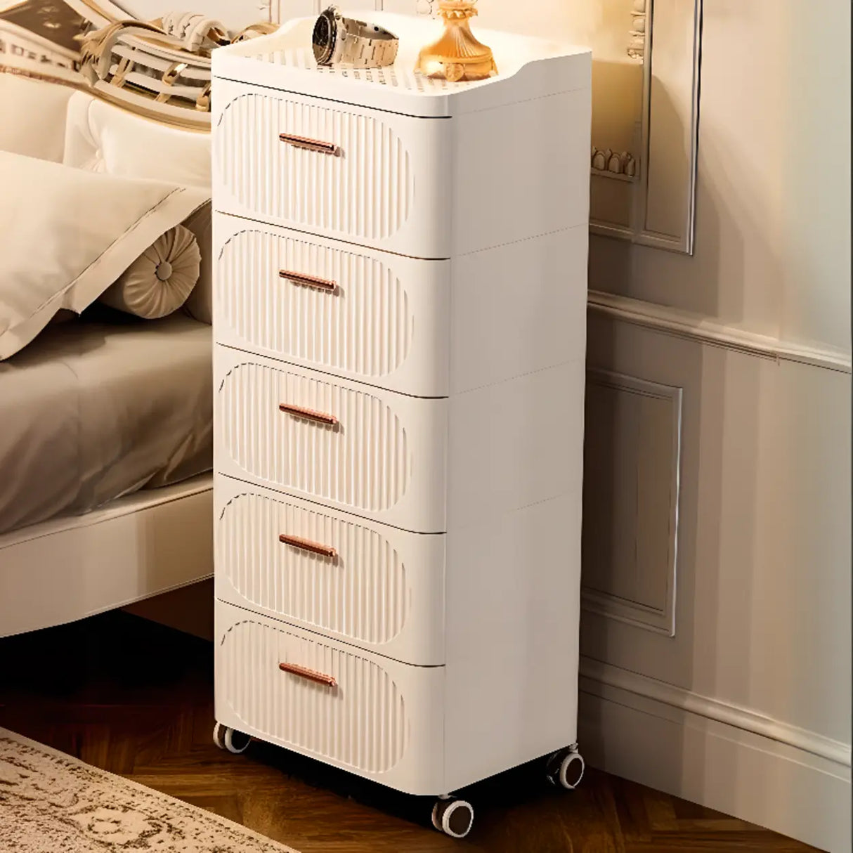 White Tip Resistant Drawers Storage Narrow Nightstand Image - 14