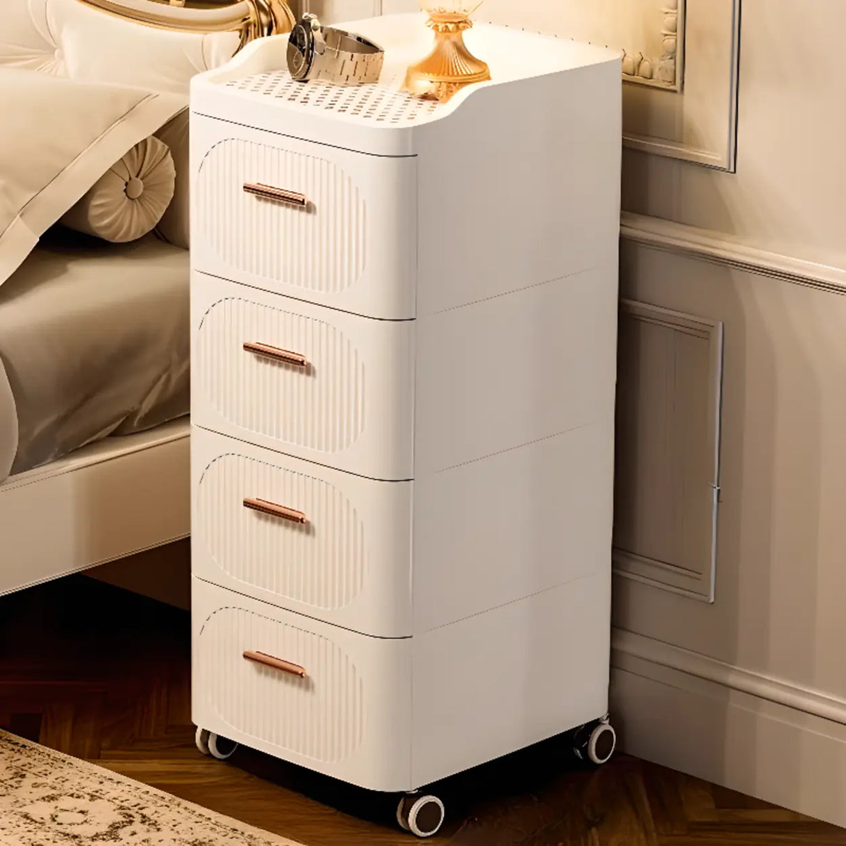 White Tip Resistant Drawers Storage Narrow Nightstand Image - 5