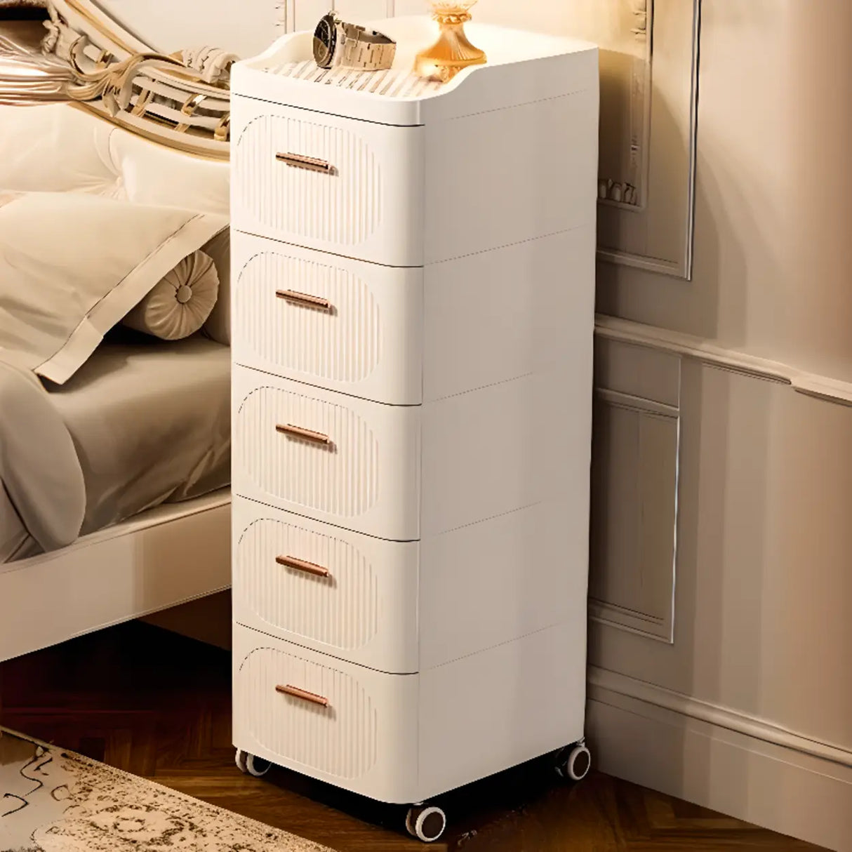 White Tip Resistant Drawers Storage Narrow Nightstand Image - 7