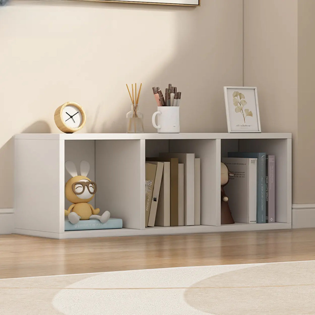 White Trendy Wooden Closed Back Short Storage Bookcase Image - 30