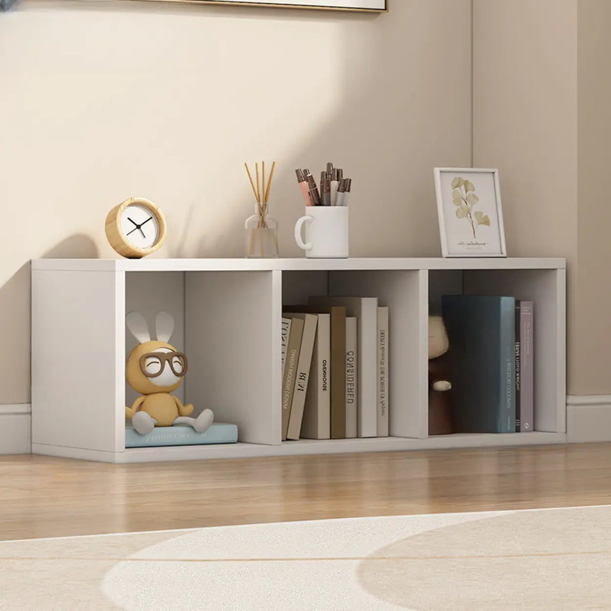 White Trendy Wooden Closed Back Short Storage Bookcase Image - 4