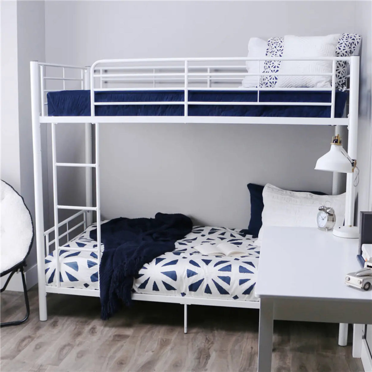 White Twin Metal Guardrail Space-Saving Bunk Bed with Stair Image - 1