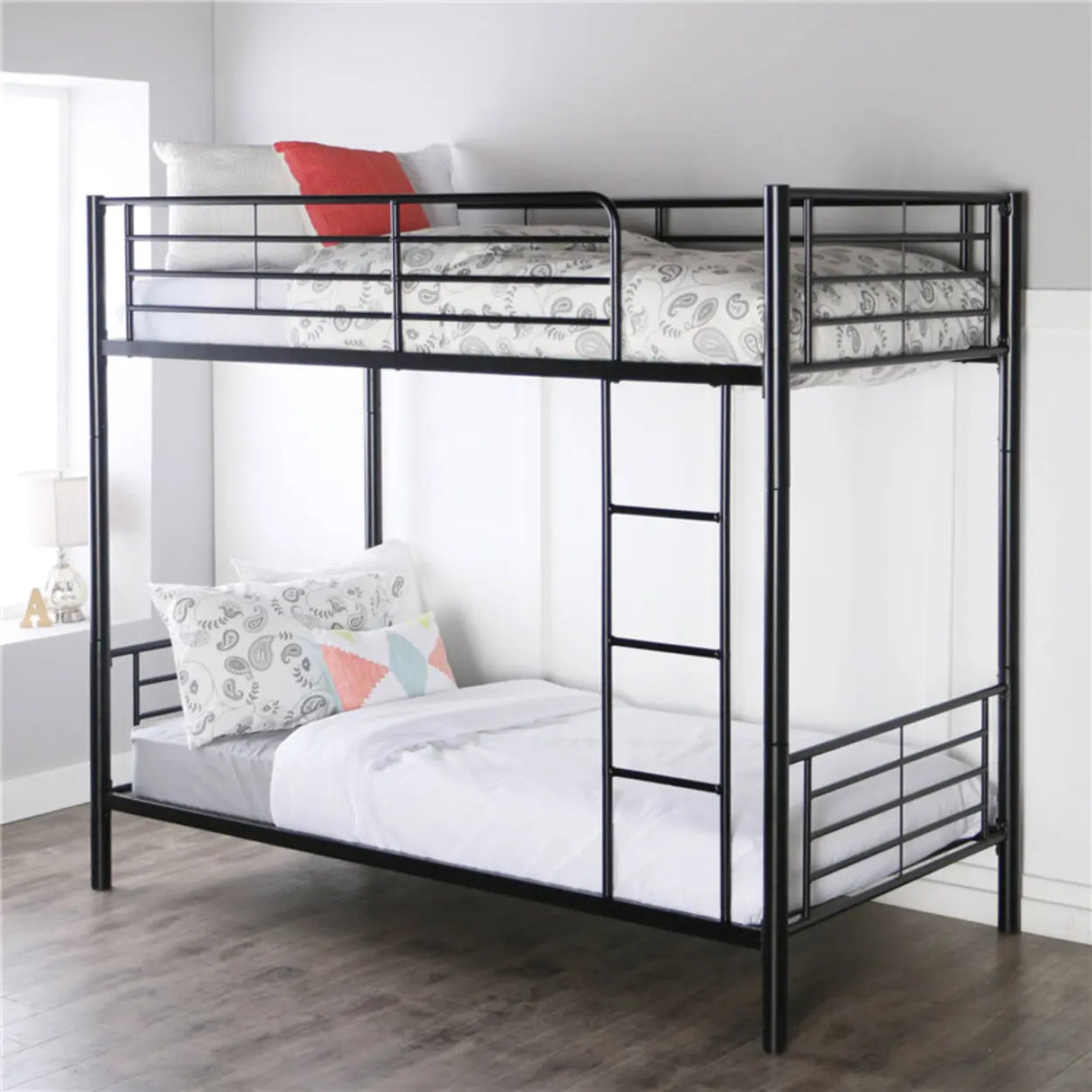 White Twin Metal Guardrail Space-Saving Bunk Bed with Stair Image - 3