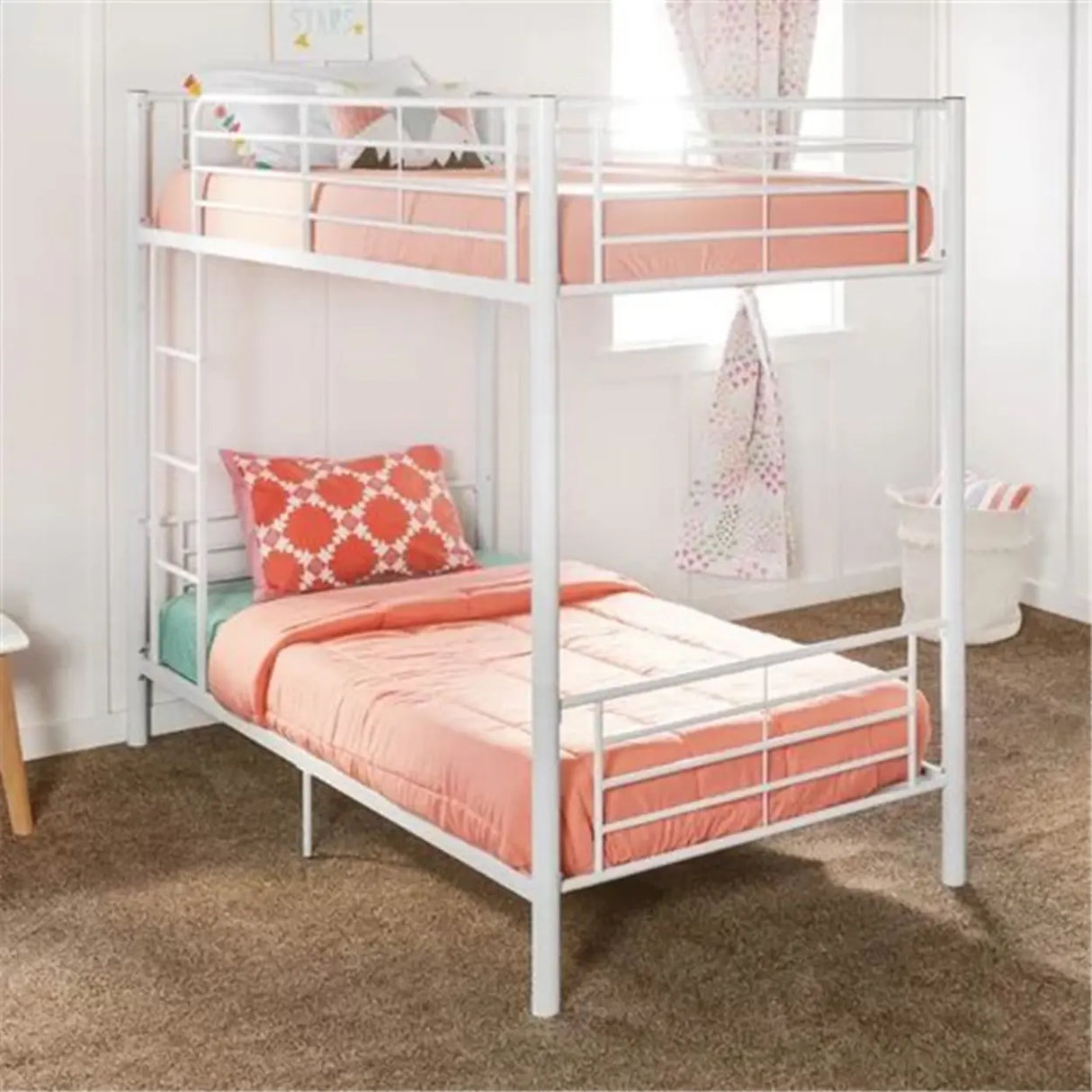 White Twin Metal Guardrail Space-Saving Bunk Bed with Stair Image - 4