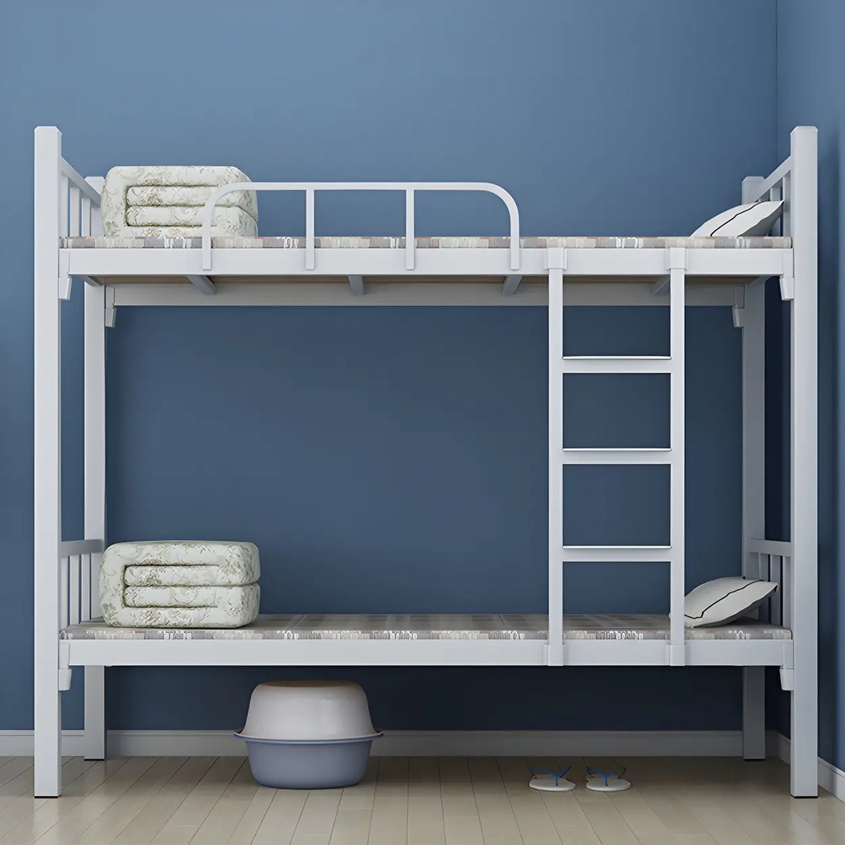 White Twin Open-Frame Iron Space-Saving Bunk Bed with Stairs Image - 1