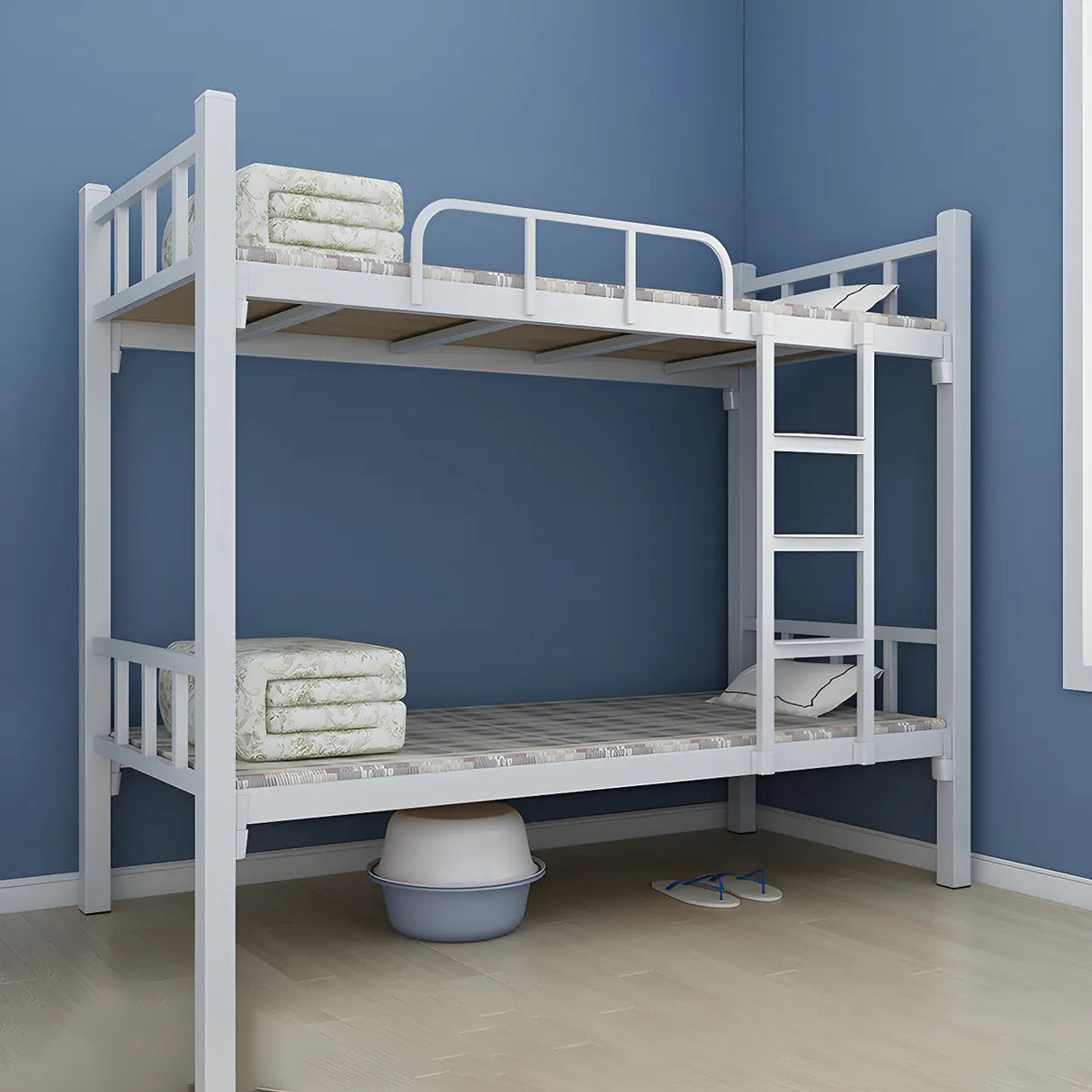 White Twin Open-Frame Iron Space-Saving Bunk Bed with Stairs Image - 12