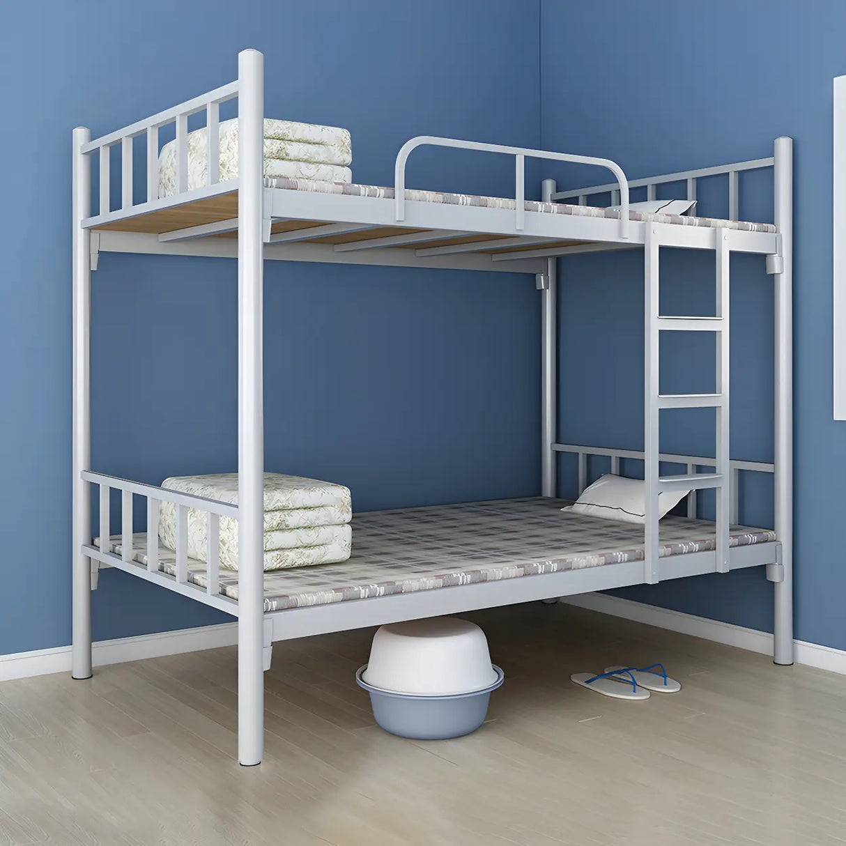 White Twin Open-Frame Iron Space-Saving Bunk Bed with Stairs Image - 17