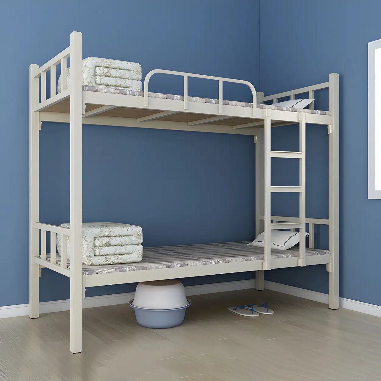 White Twin Open-Frame Iron Space-Saving Bunk Bed with Stairs Image - 20