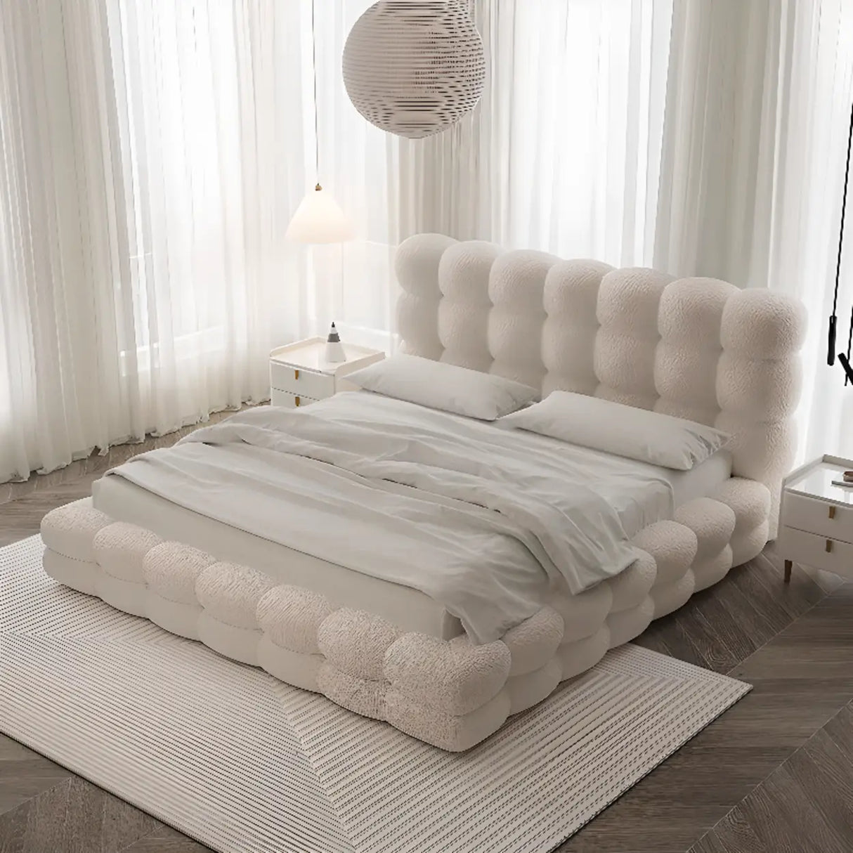 White Upholstered Headboard Sponge Solid Color Bed Image - 1