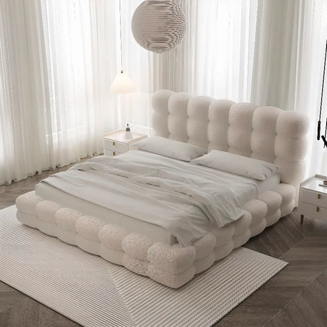 White Upholstered Headboard Sponge Solid Color Bed Image - 1