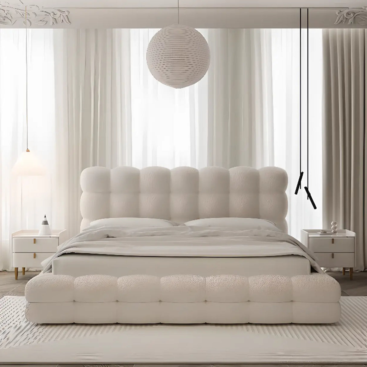 White Upholstered Headboard Sponge Solid Color Bed Image - 2