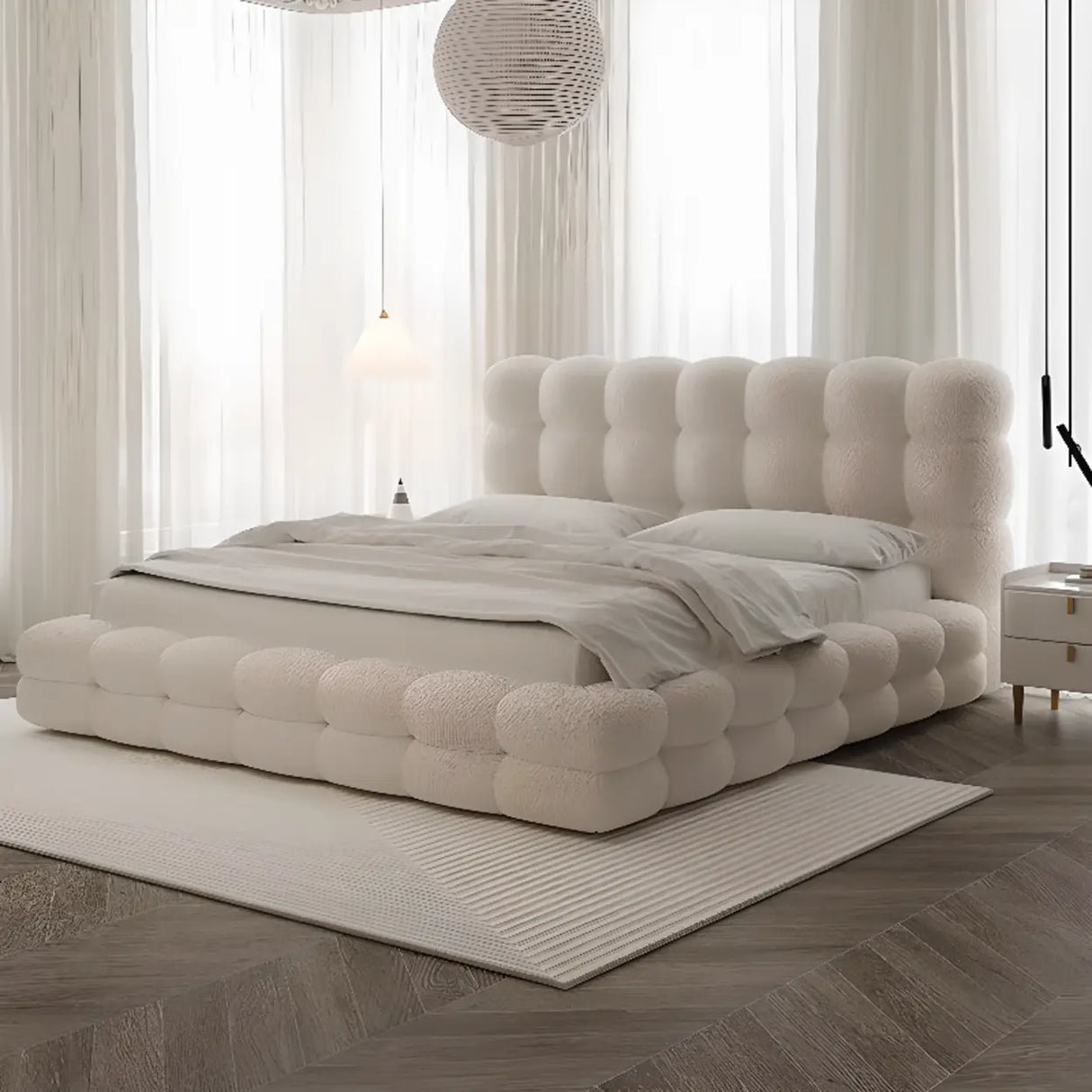 White Upholstered Headboard Sponge Solid Color Bed Image - 3