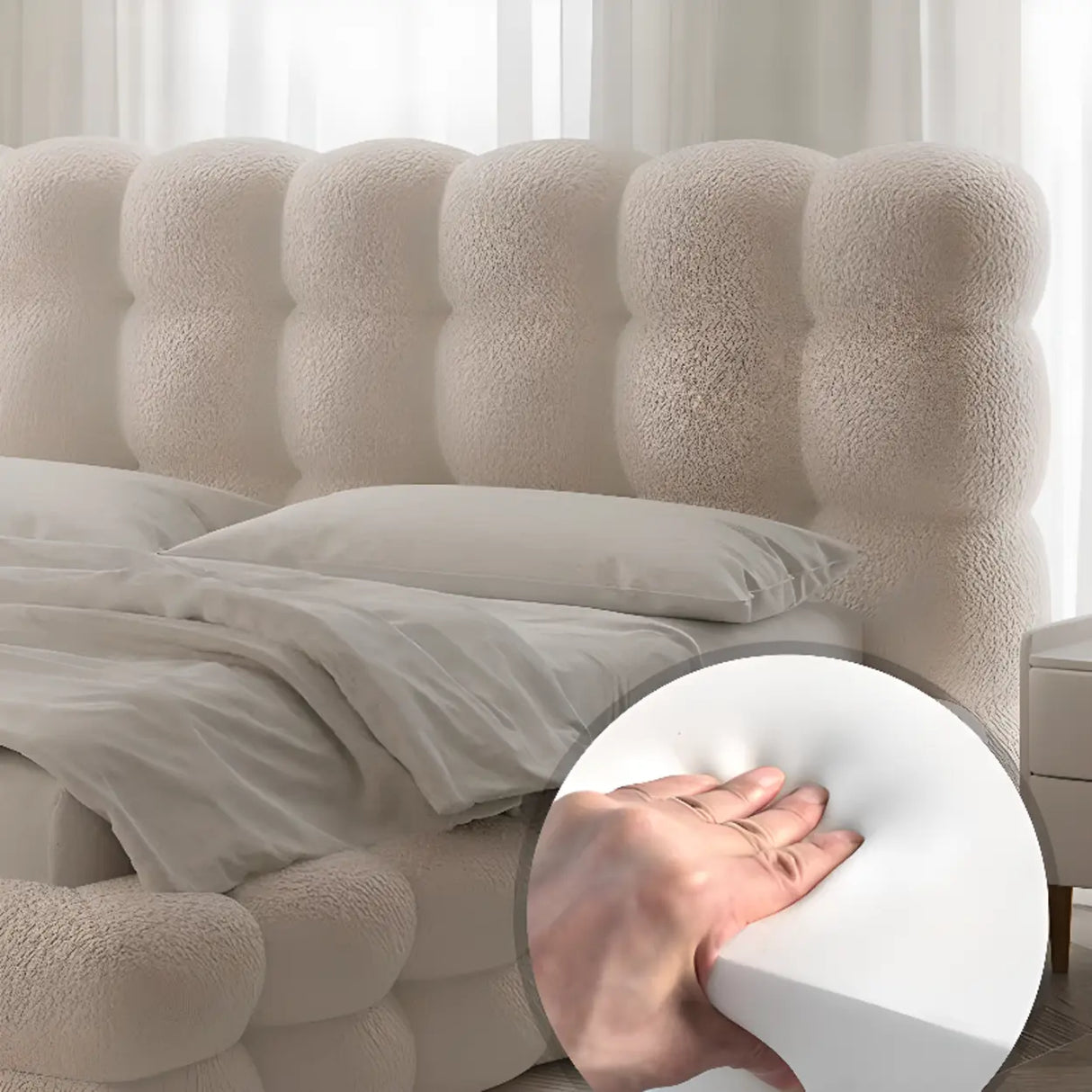 White Upholstered Headboard Sponge Solid Color Bed Image - 4