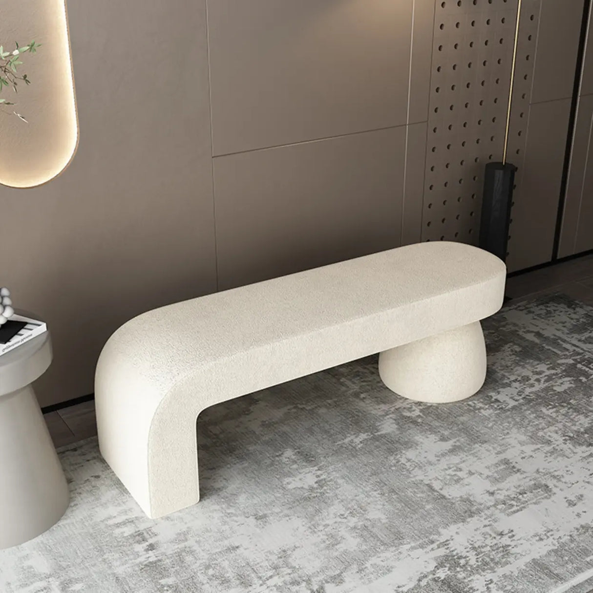 White Upholstered Short Height Bedroom Bench with Legs Image - 4
