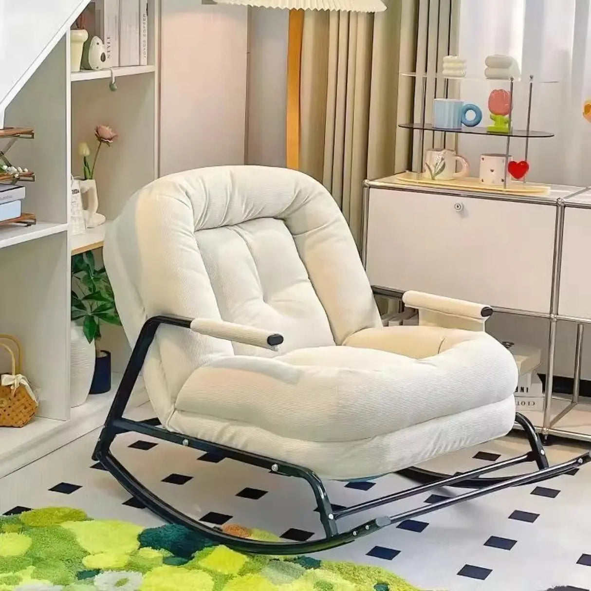 White Upholstered Track Arms Metal Leg Rocking Chair Image - 1