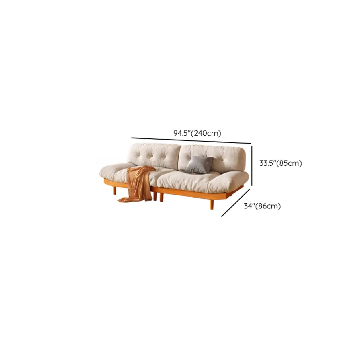White Velvet Tufted Back Natural Rubberwood Leg Sofa Image - 15