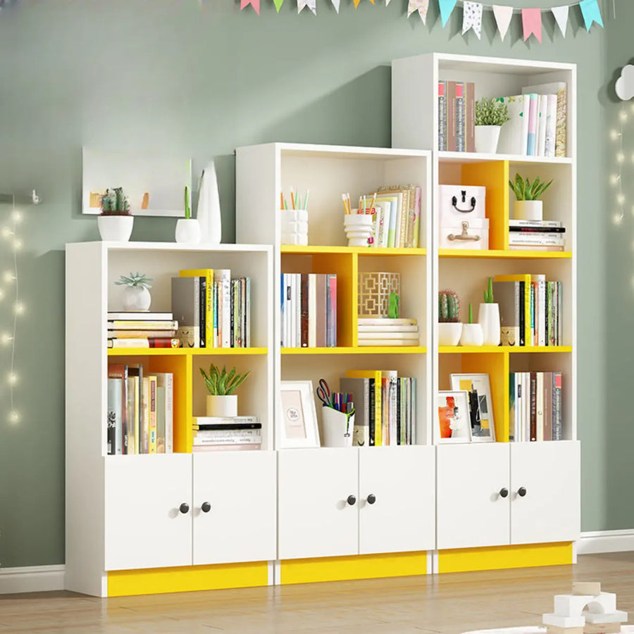 White modern rectangular storage bookcase with open shelves and lower cabinets