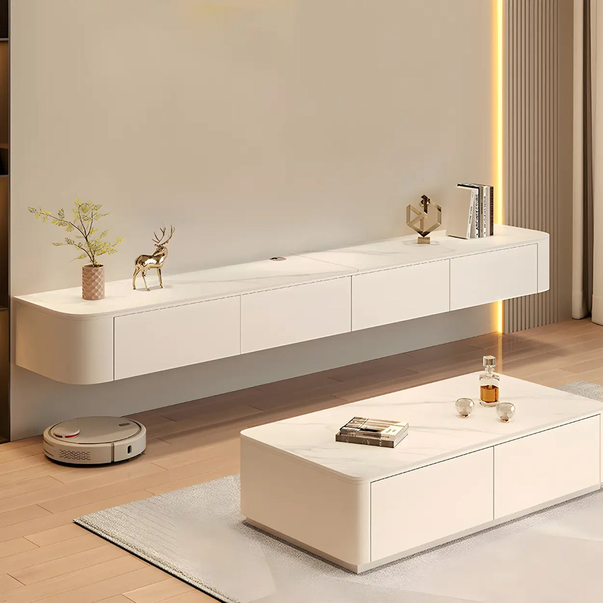 White Wall-Mounted Cabinet Cable Management TV Stand Image - 3