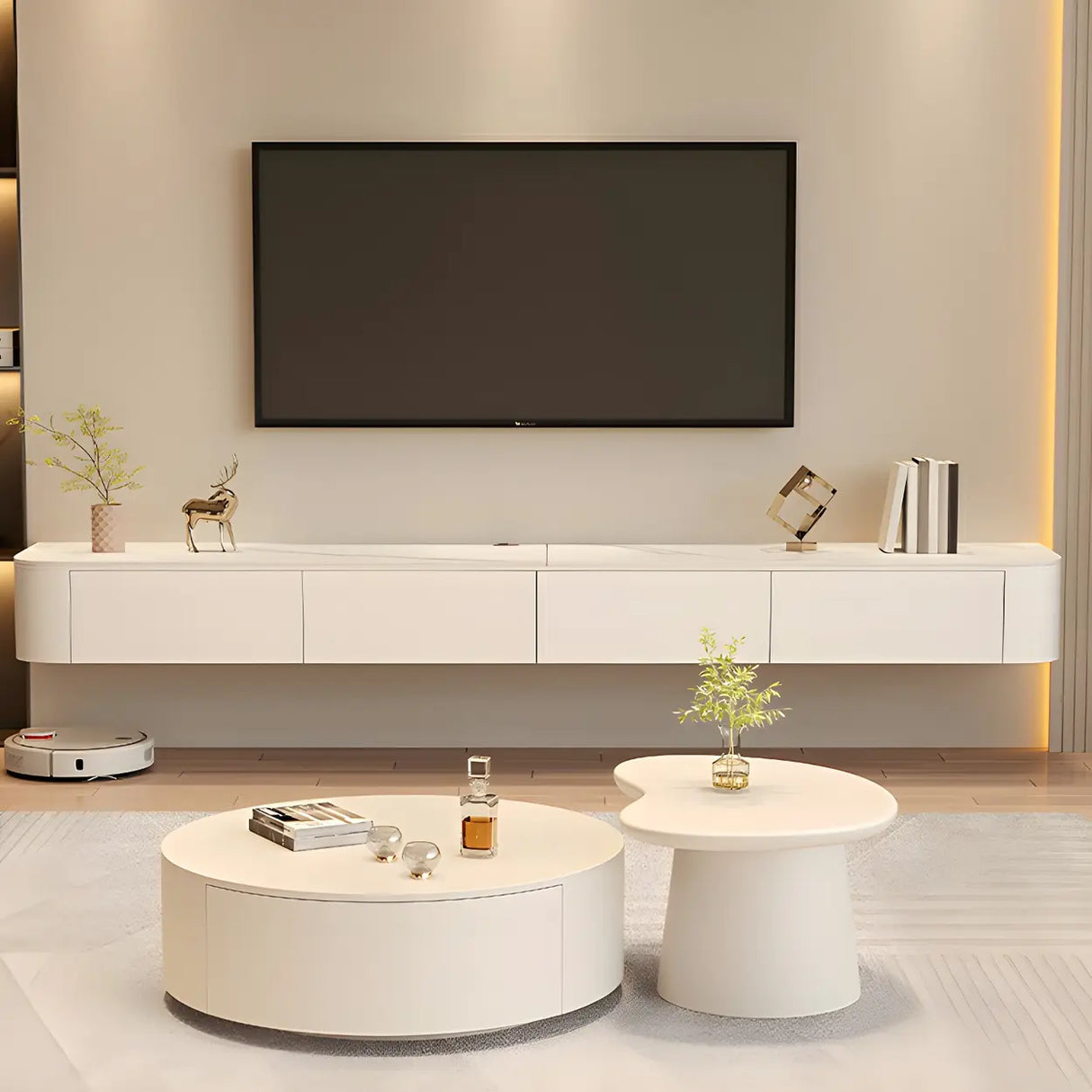 White Wall-Mounted Cabinet Cable Management TV Stand Image - 4