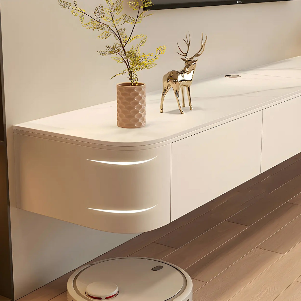 White Wall-Mounted Cabinet Cable Management TV Stand Image - 9