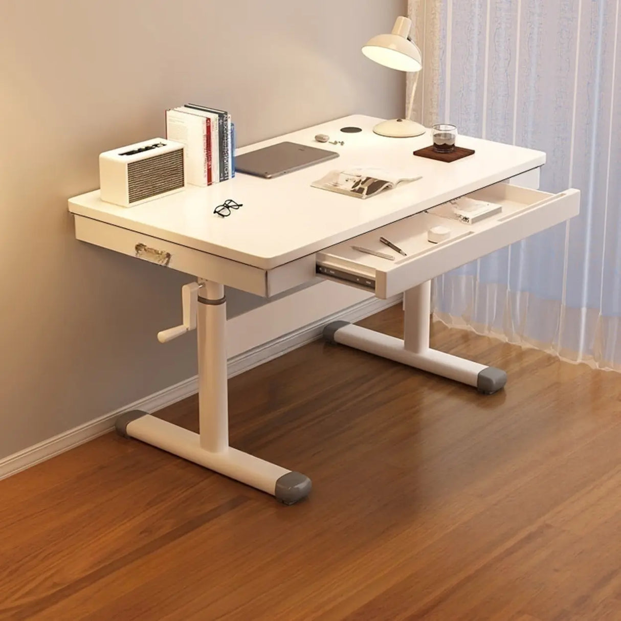 White Wood Adjustable Height T-Shape Standing Desk Image - 7