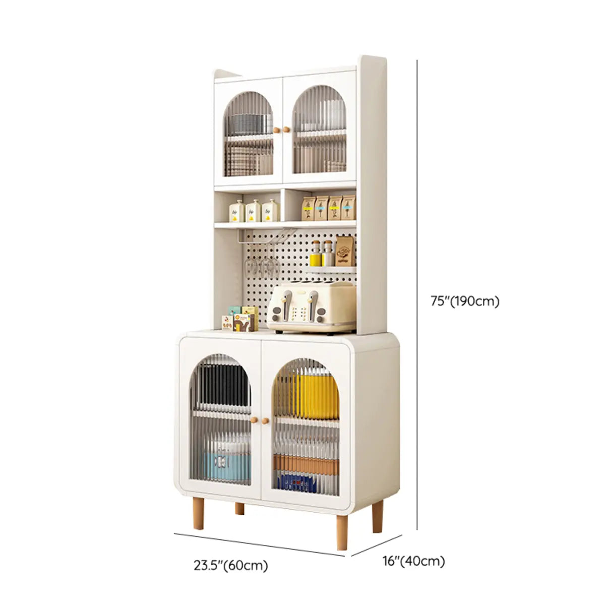 White Wood Arched Ribbed Glass Storage China Cabinet 
