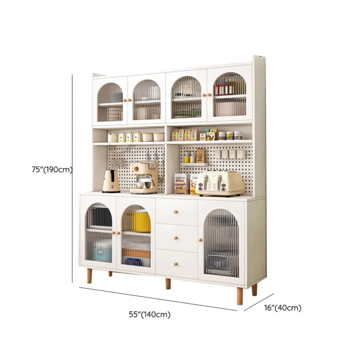 White Wood Arched Ribbed Glass Storage China Cabinet Image - 38