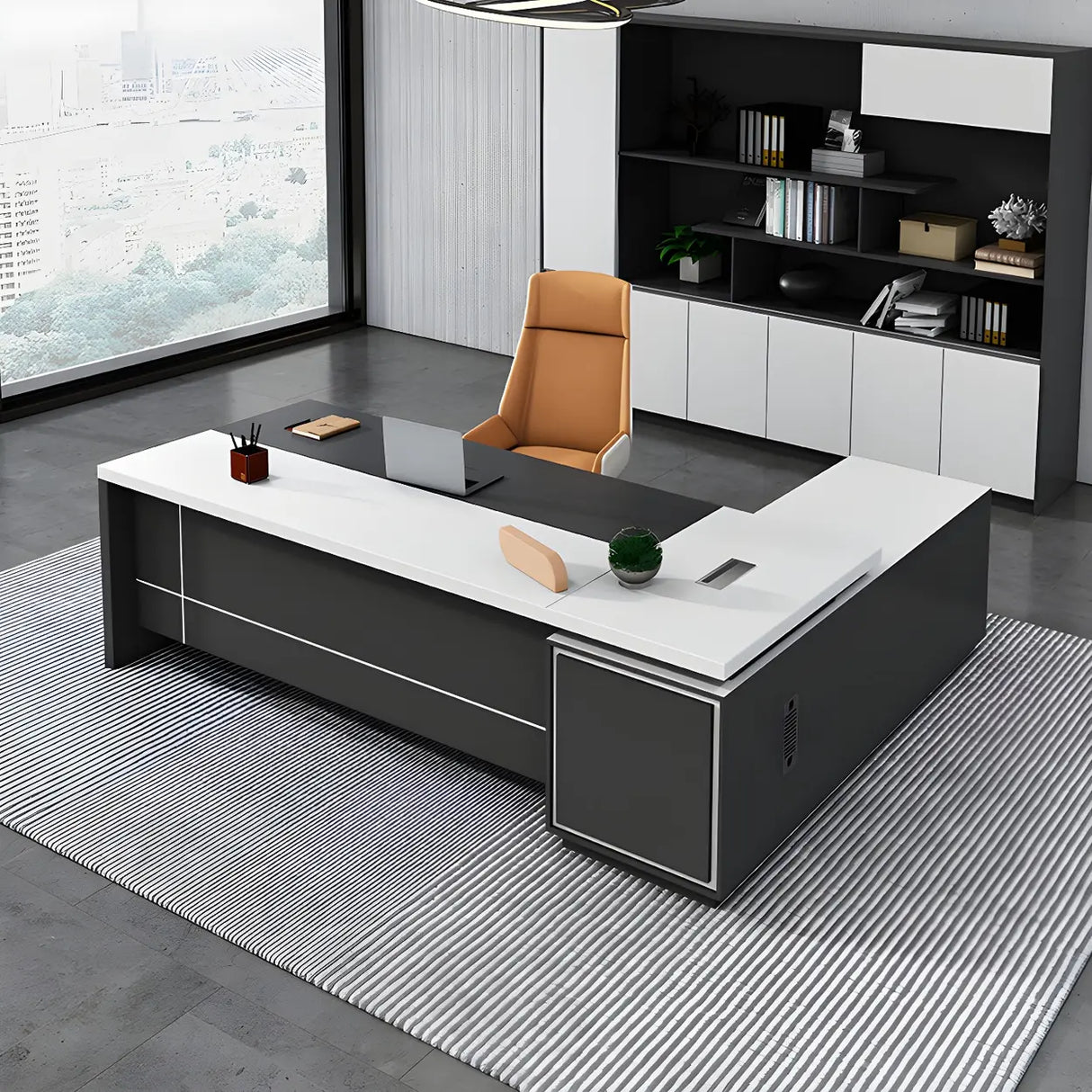 White Wood Cable Management L-Shaped Executive Desk Image - 1