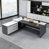White Wood Cable Management L-Shaped Executive Desk Image - 3