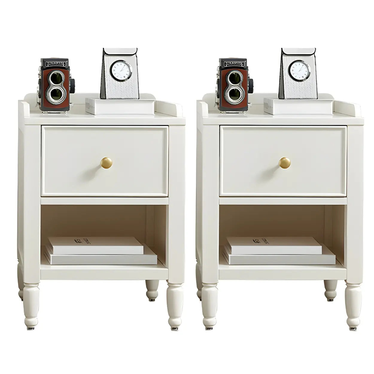 White Wood Drawer Kids Nightstand with Open Storage Image - 2