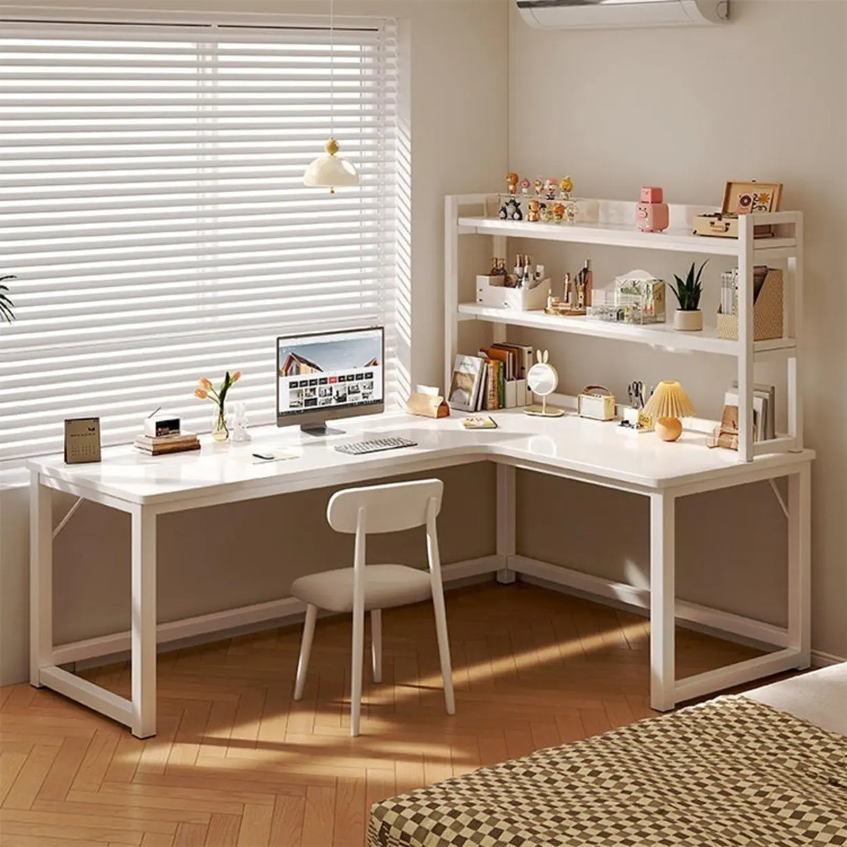 White Wood H-Base Exterior Shelf L-Shape Writing Desk Image - 1