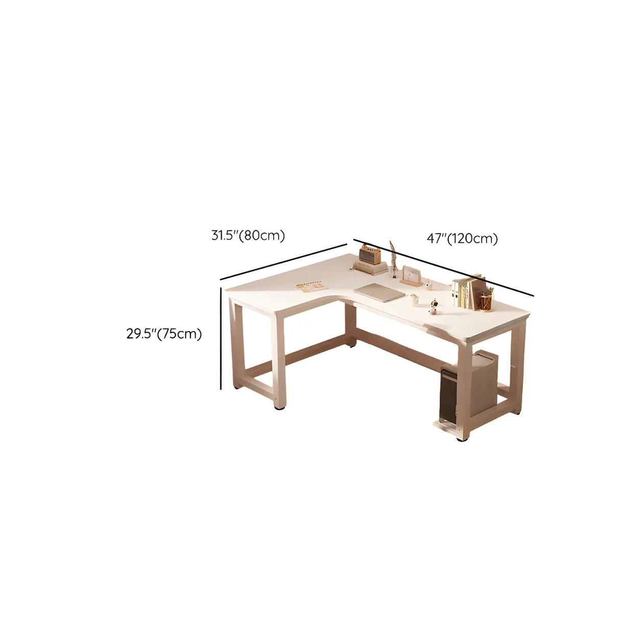 White Wood H-Base Exterior Shelf L-Shape Writing Desk 