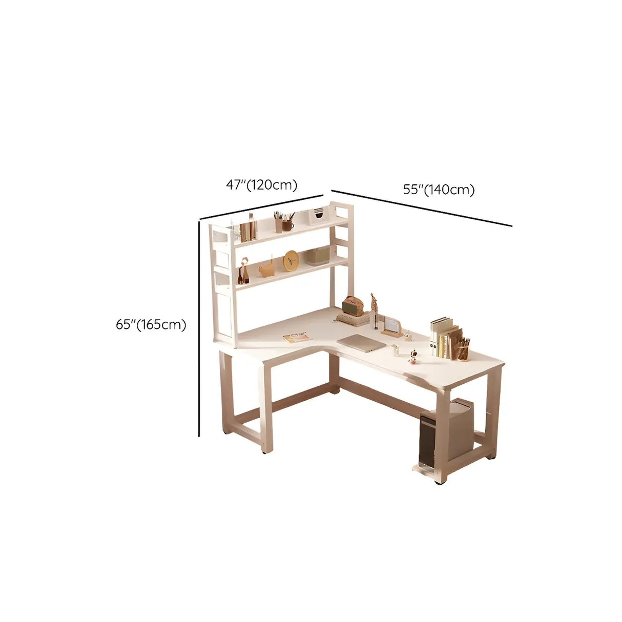 White Wood H-Base Exterior Shelf L-Shape Writing Desk Image - 22