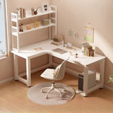 White Wood H-Base Exterior Shelf L-Shape Writing Desk Image - 3