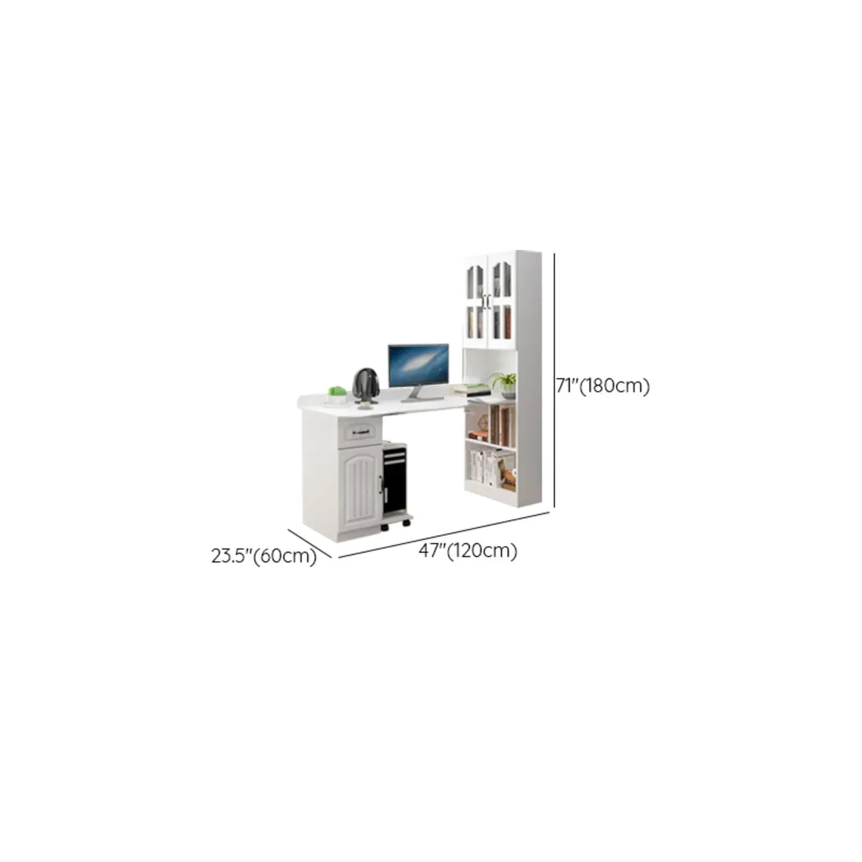 White Wood Kids Computer Desk with Cabinet and Shelves 