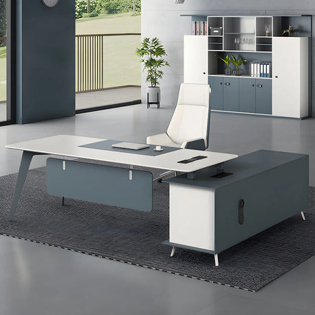 White Wood L-Shape Executive Desk with Cable Management Image - 1