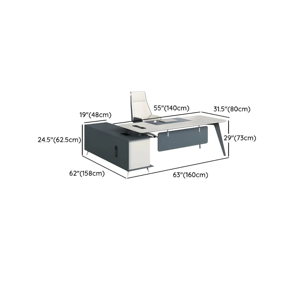 White Wood L-Shape Executive Desk with Cable Management 