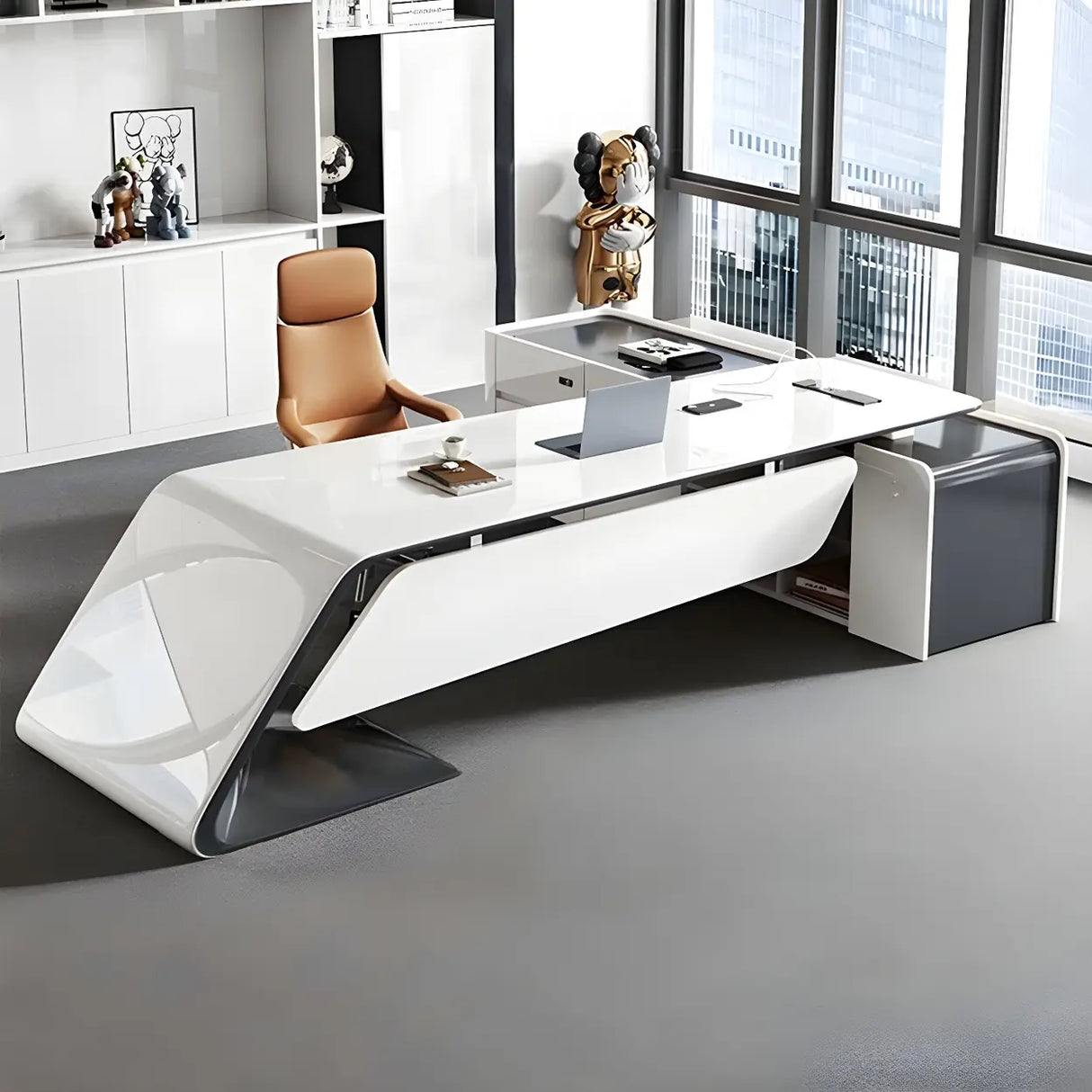 White Wood Long L-Shape Executive Desk with Storage Image - 1
