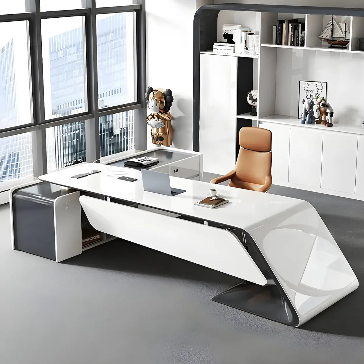 White Wood Long L-Shape Executive Desk with Storage Image - 4