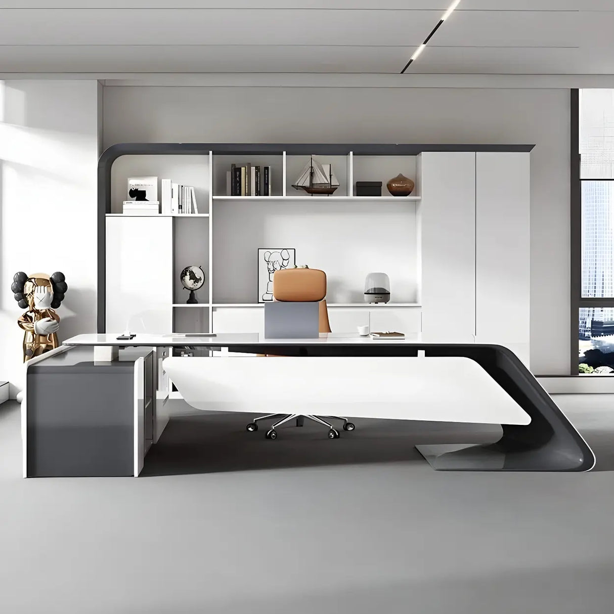 White Wood Long L-Shape Executive Desk with Storage Image - 5