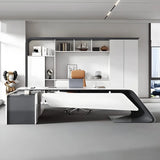 White Wood Long L-Shape Executive Desk with Storage Image - 5