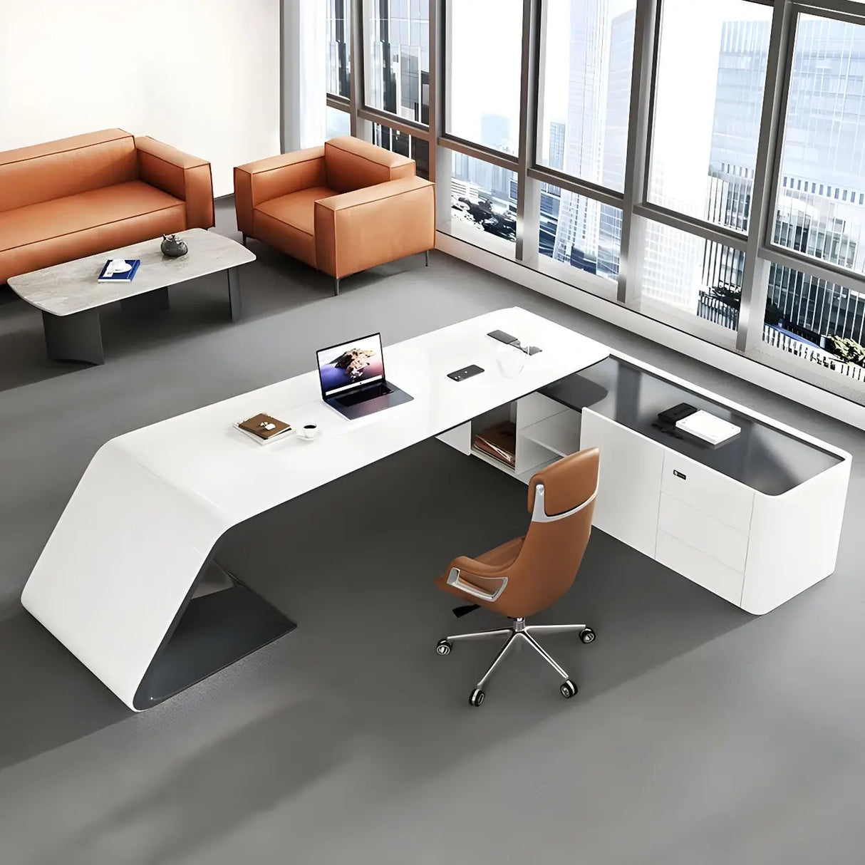 White Wood Long L-Shape Executive Desk with Storage Image - 6