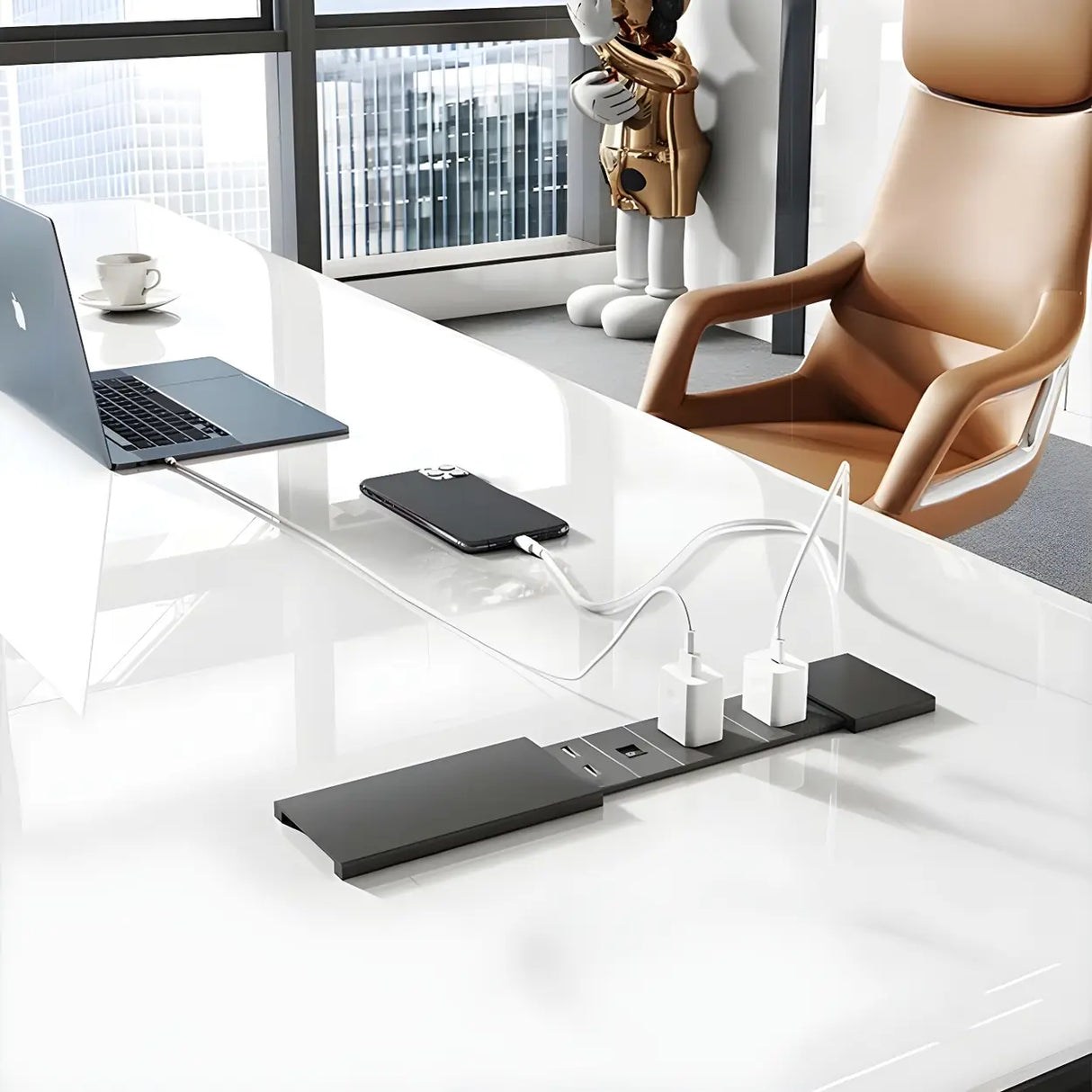 White Wood Long L-Shape Executive Desk with Storage Image - 8
