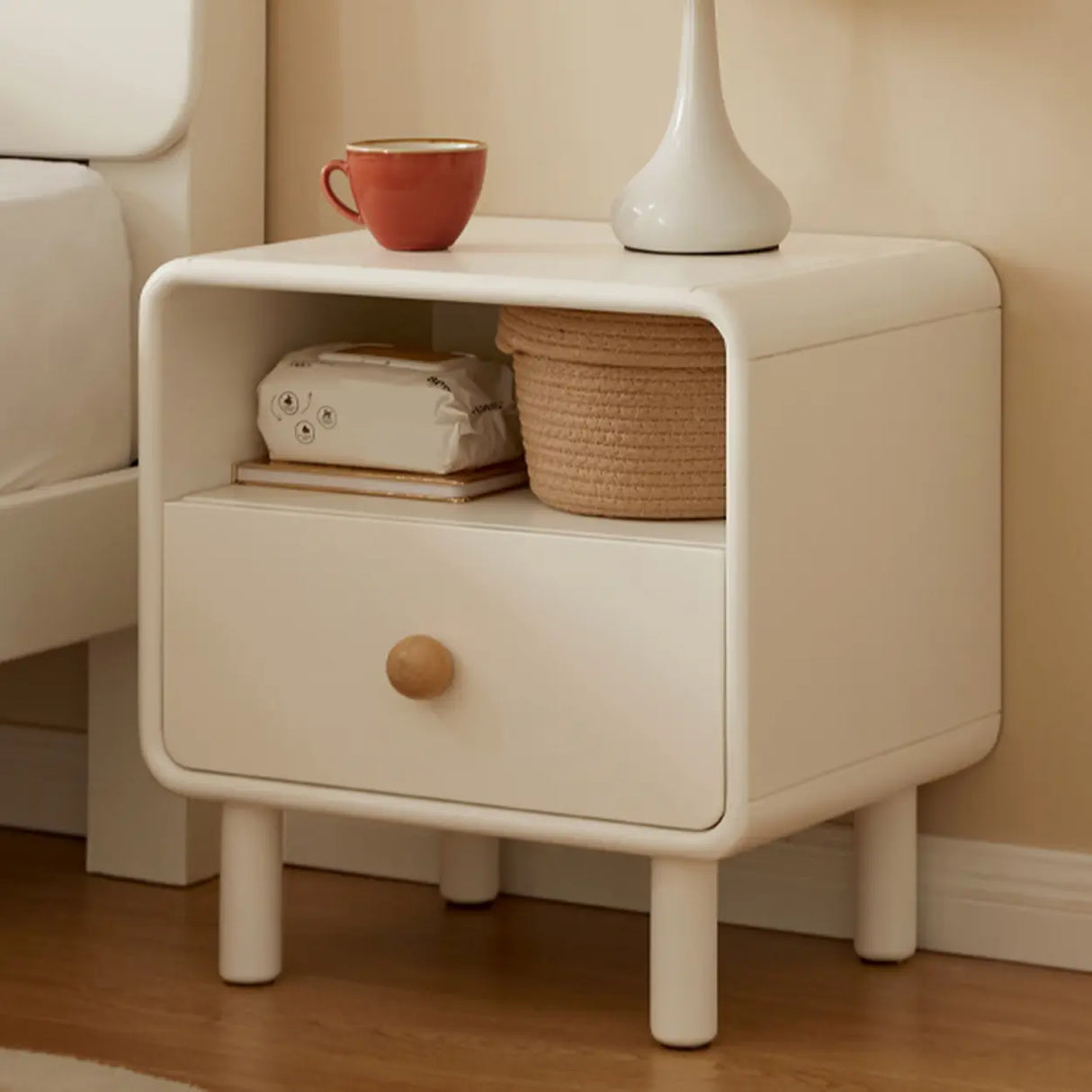 White Wood Open Storage Kids Nightstand with Drawer Image - 3