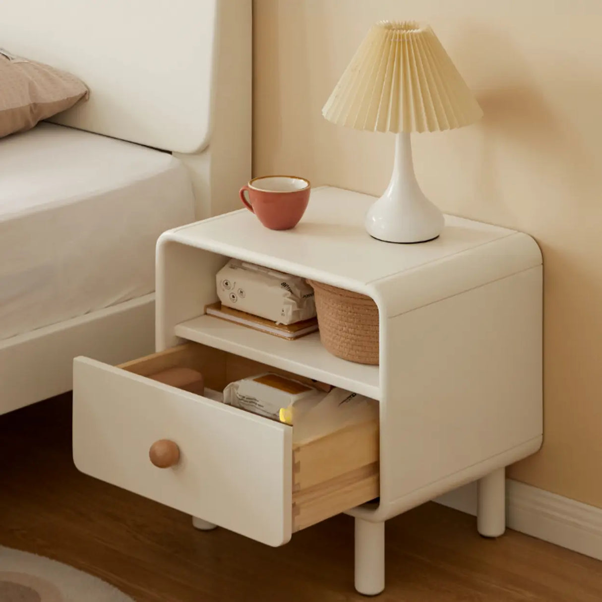 White Wood Open Storage Kids Nightstand with Drawer Image - 4
