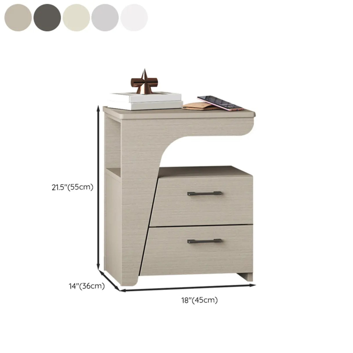 White Wood Open Storage Nightstand with 2 Drawers Shelf 