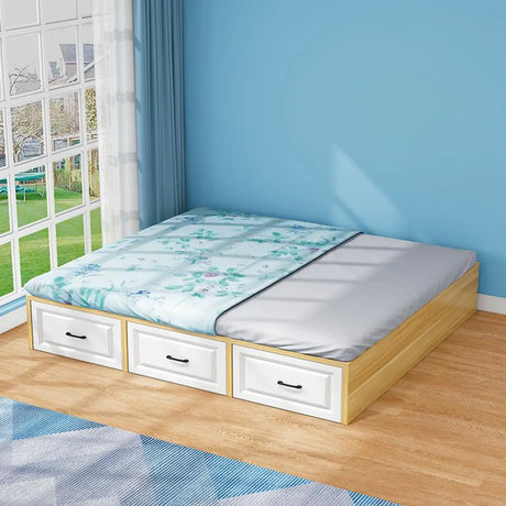White Wood Queen Untufted Storage Tatami Bed with Drawers Image - 1